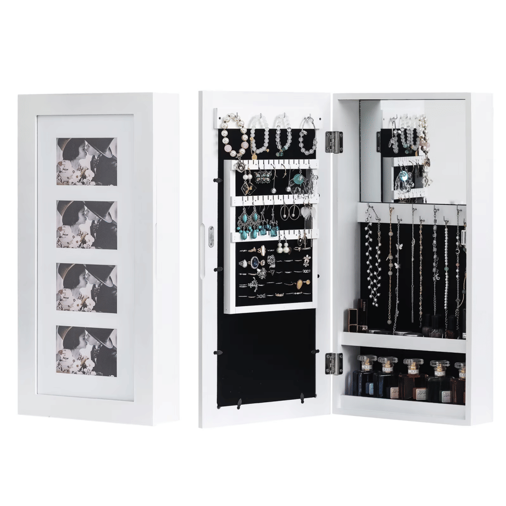Jewelry Mirror Cabinet PVC Wood Grain Coating PhotoStorageDamp-proof, White