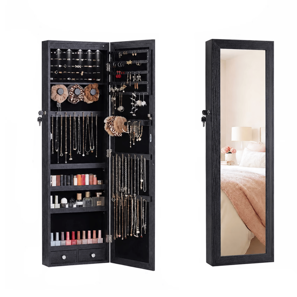 Jewelry Organizers andStorage, 47.2-Inch Tall Lockable Wall or Door Mounted Jewelry Armoire Organizer with Mirror, 2 Drawers, 6 LEDs Mirror Jewelry Cabinet