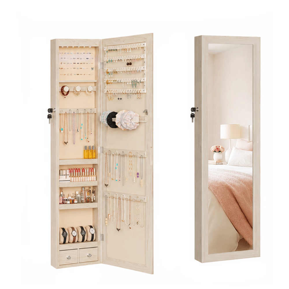 Jewelry Organizers andStorage, 47.2-Inch Tall Lockable Wall or Door Mounted Jewelry Armoire Organizer with Mirror, 2 Drawers, 6 LEDs Mirror Jewelry Cabinet