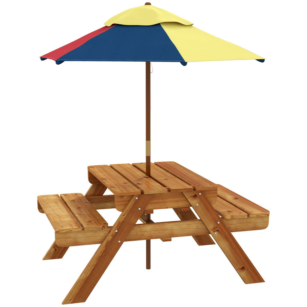 Kids' 3-in-1 Sensory Table with Water & Sand Play, Foldable Umbrella, Teak Finish, for Ages 3-6