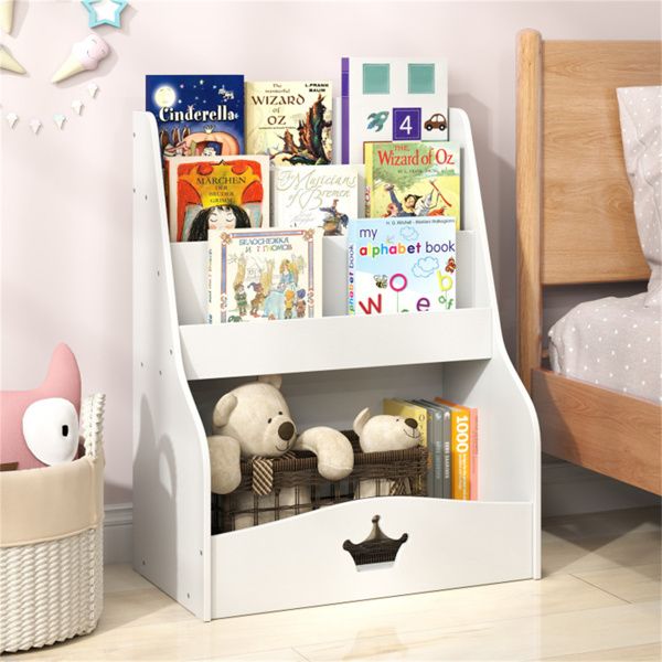 Kids 3-Tier Bookshelf & Toy Storage (White) - Open Compartment + Hidden Back Space, 24.5"x14"x31.5" Size