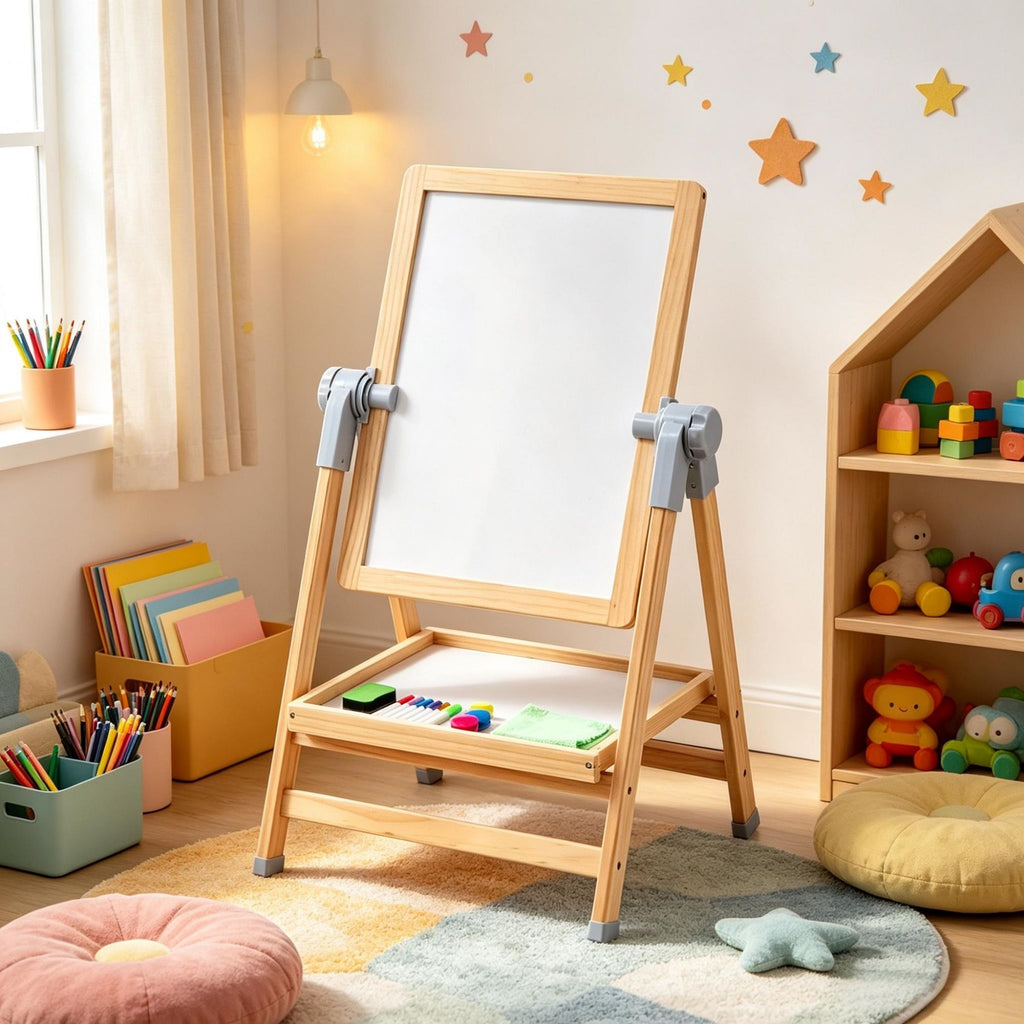 Kids Art Easel 2 in 1 Wooden Double Sided with Magnetic Whiteboard Chalkboard and Painting Accessories