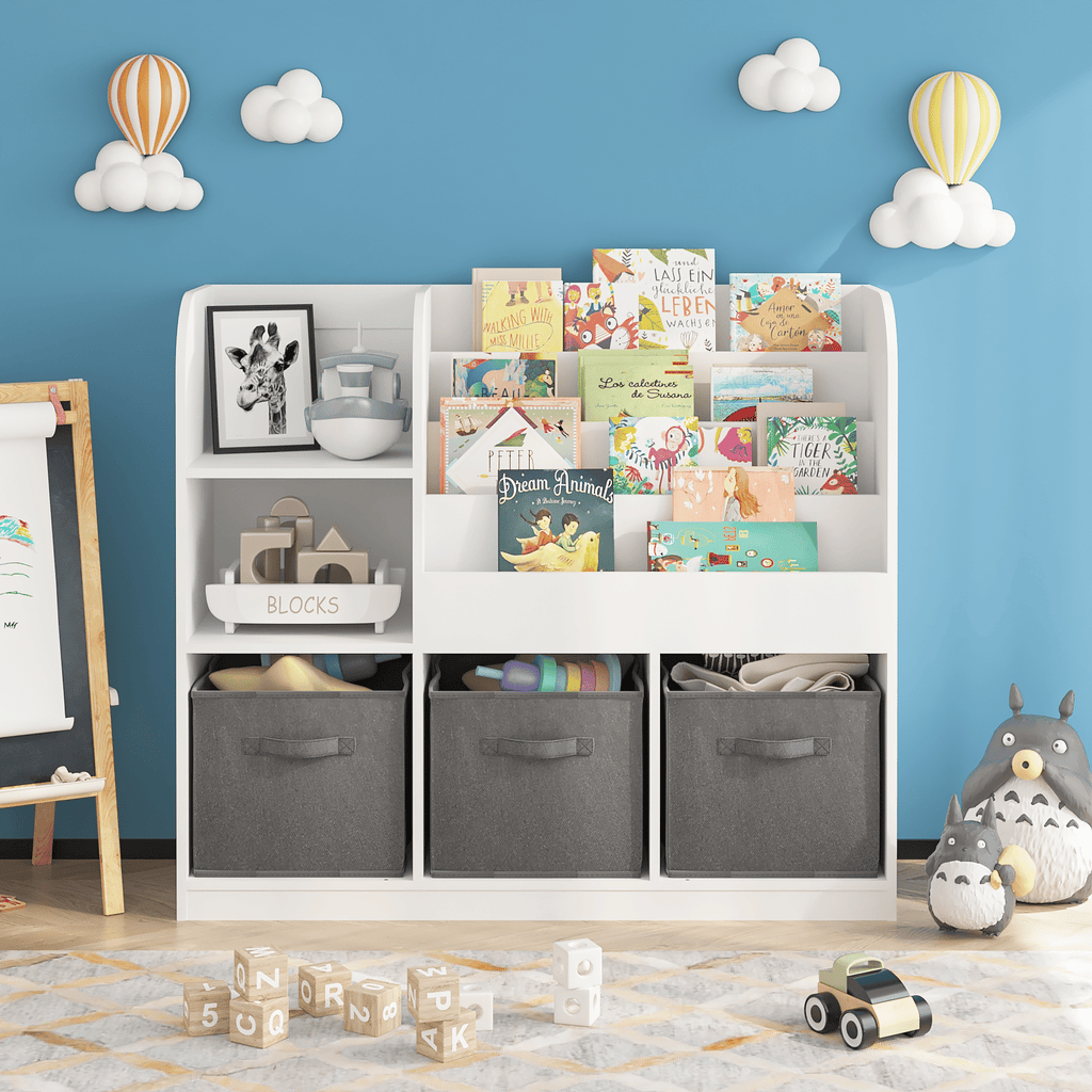 Kids Bookcase and Bookshelf, Multifunctional Bookcase with 3 Collapsible Fabric Drawers, Bookcase Display Stand, Toy Storage Organizer for Bedroom, Playroom, Hallway (White/Gray)