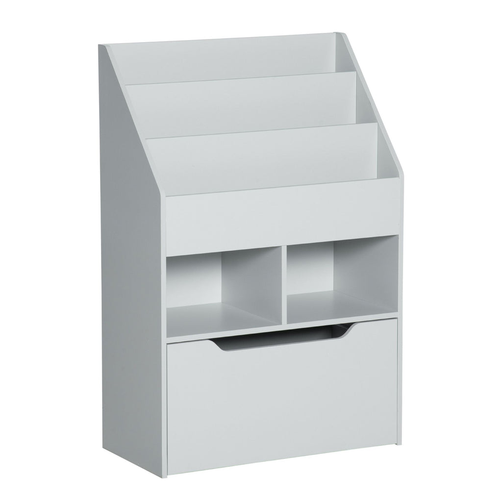 Kids Bookcase and Toy Storage, Gray Multi-Shelf Rack with 2 Bins and Mobile Drawer for Bedroom, Playroom, School