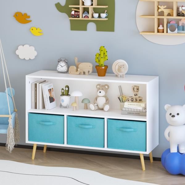 Kids bookcase with Collapsible Fabric Drawers, Children's Book Display, Toy Storage Cabinet Organizer, White/Blue--Not support self-pick up