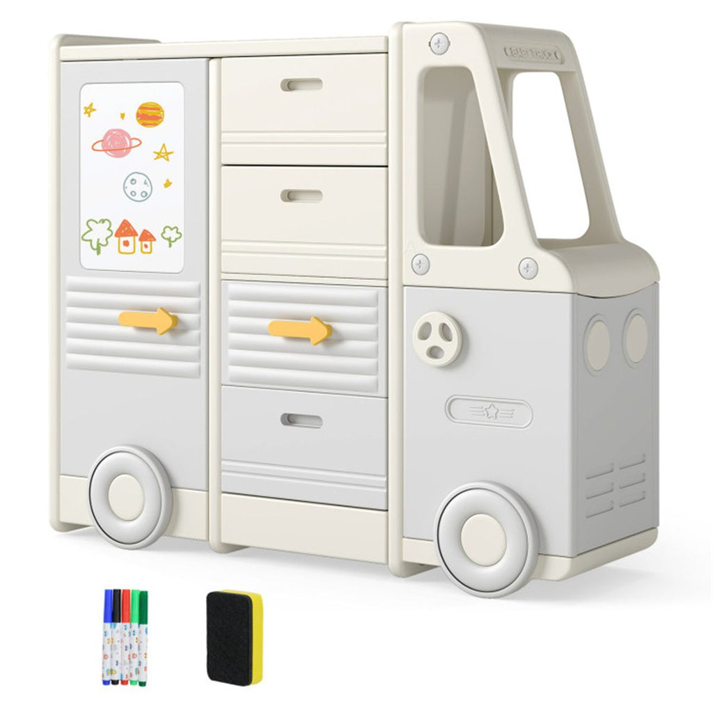 Kids Bus Toy Organizer with Built-in Whiteboard, 4 Drawers+2 Cabinets 180LBS Total Weight Capacity