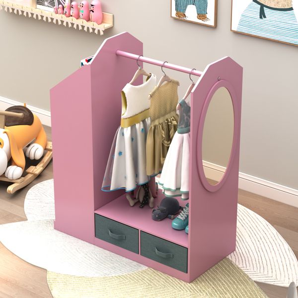 Kids Costume Organizer; Costume Rack; Kids Armoire; Open Hanging Armoire Closet with Mirror-PINK