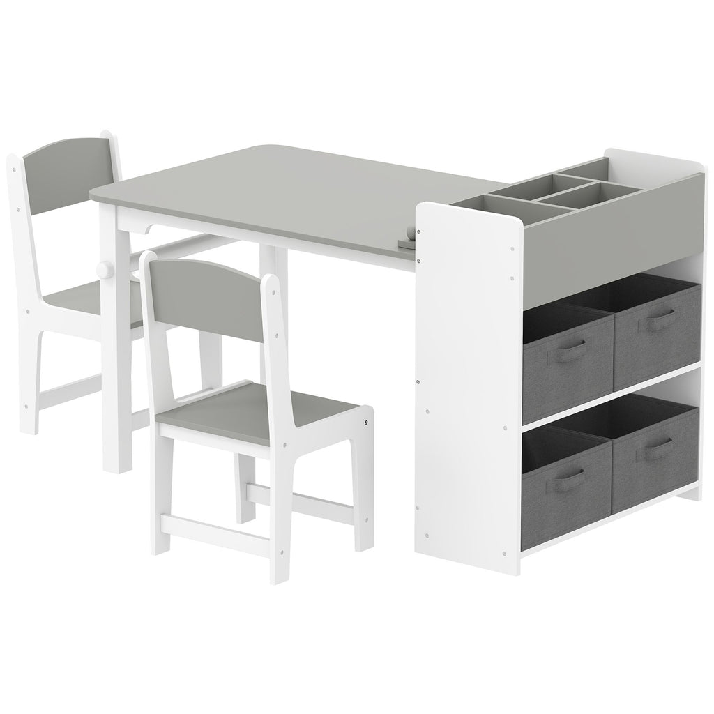 Kids Desk and Chair Set with Paper Roll, Kids Activity Craft Table with Storage Shelves and Drawers, Gray