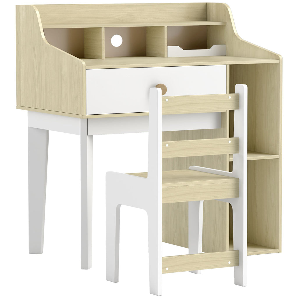 Kids Desk and Chair Set with Storage Shelves, Drawer for 3-10 Years, White |