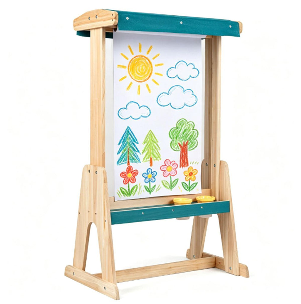 Kids Double-Sided Art Easel with Sun Canopy, Solid Fir Wood Drawing Board with Paper Roll & Paint Cups, Outdoor Indoor Art Station for Ages 3+