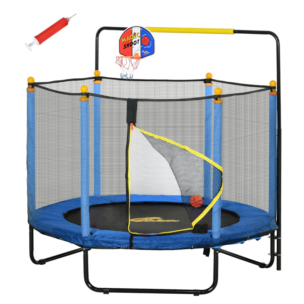 Kids Indoor Trampoline with Safety Net, Basketball Hoop, and Horizontal Bar, Blue