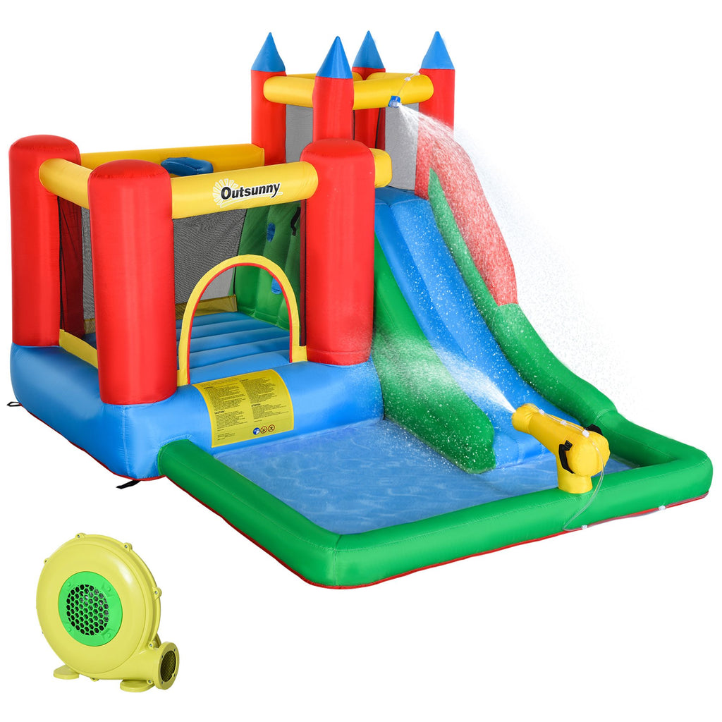 Kids Inflatable Water Slide 6 in 1 Water Park Bounce House with Climbing Wall Pool Basket Air Blower for Summer