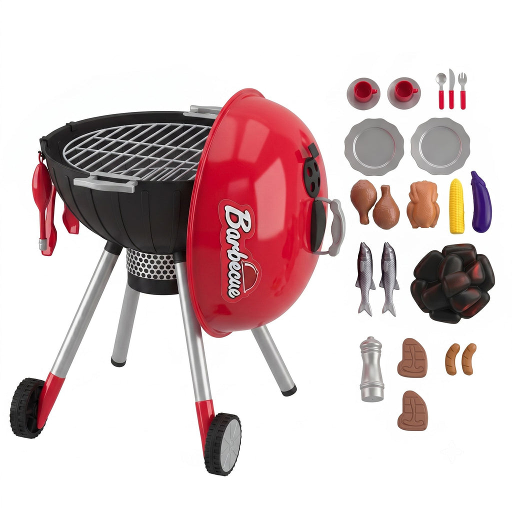 Kids Kitchen Playset with Sounds, Lights & Realistic Charcoal Effect, 40PCS Pretend BBQ Grill Playset for 3-6 Y, Red