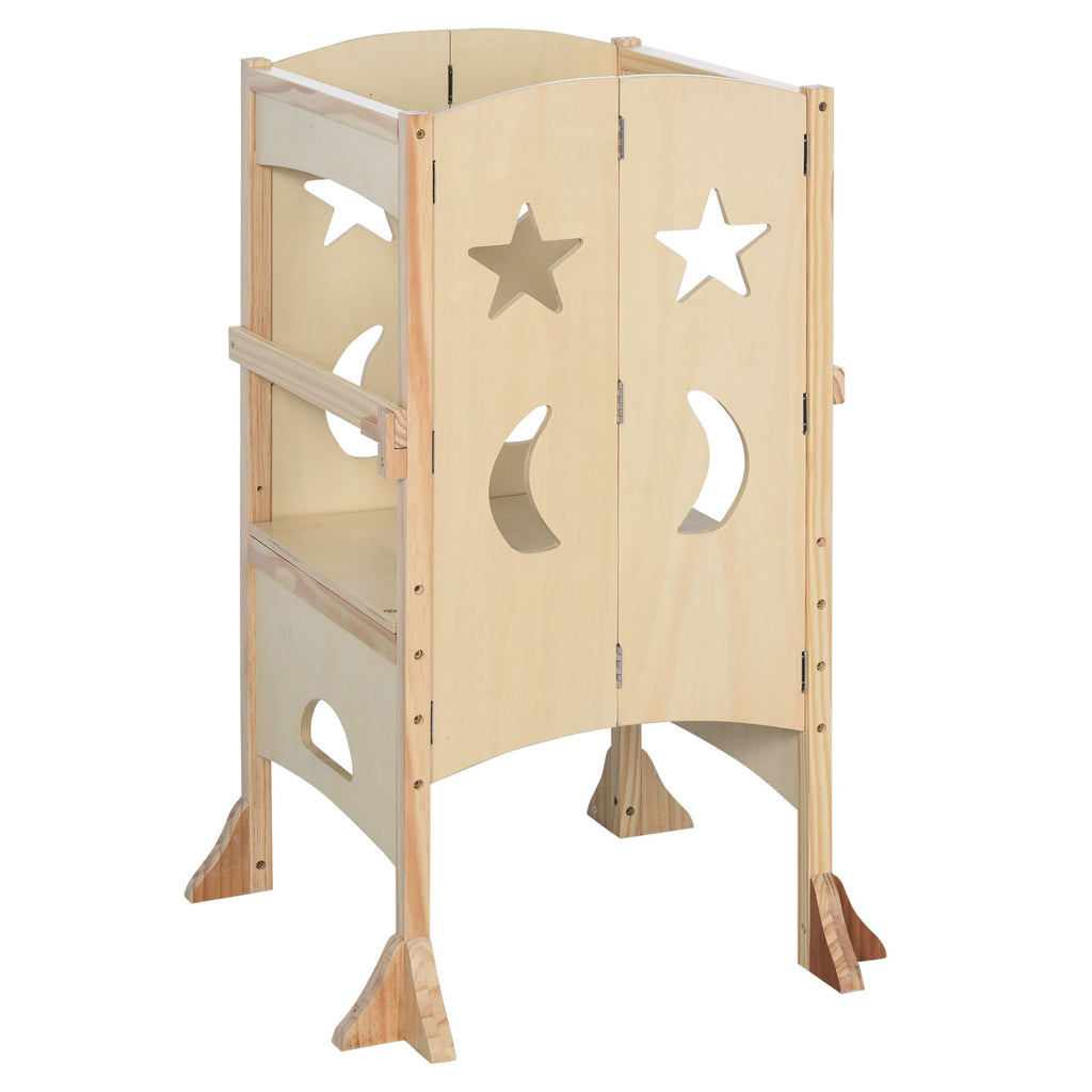 Kids Kitchen Step Stool Foldable Wooden Toddler Tower Natural with Safety Rail & Handles