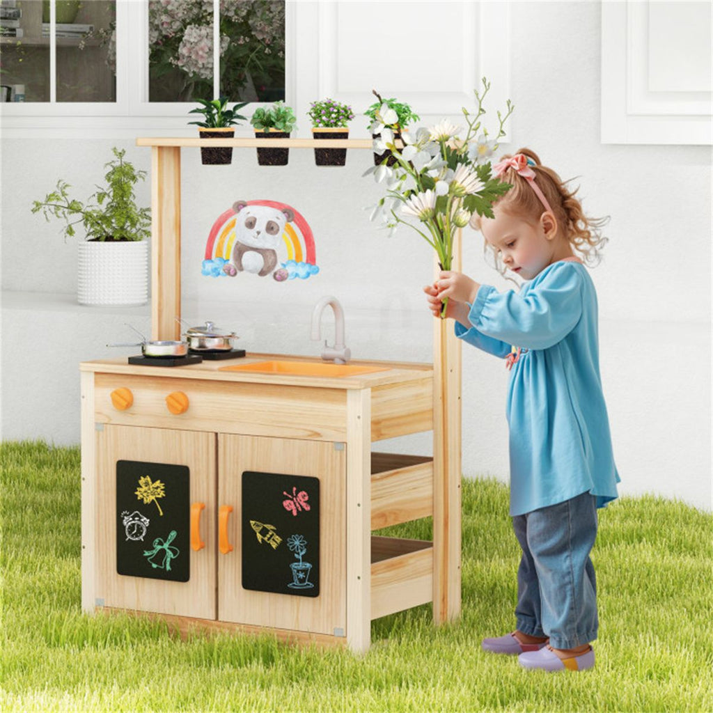 Kids Outdoor Mud Kitchen Playset, Realistic Stoves/Sink with Utensils & Chalkboard for Creative Play
