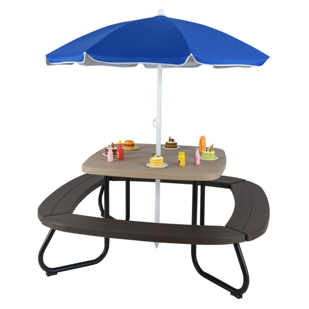 Kids Picnic Table Outdoor Activity Table With Umbrella -Brown