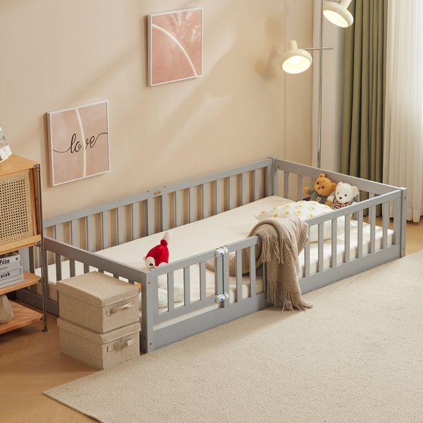 Kids' playpen bed with door and board, grey twin wooden bed