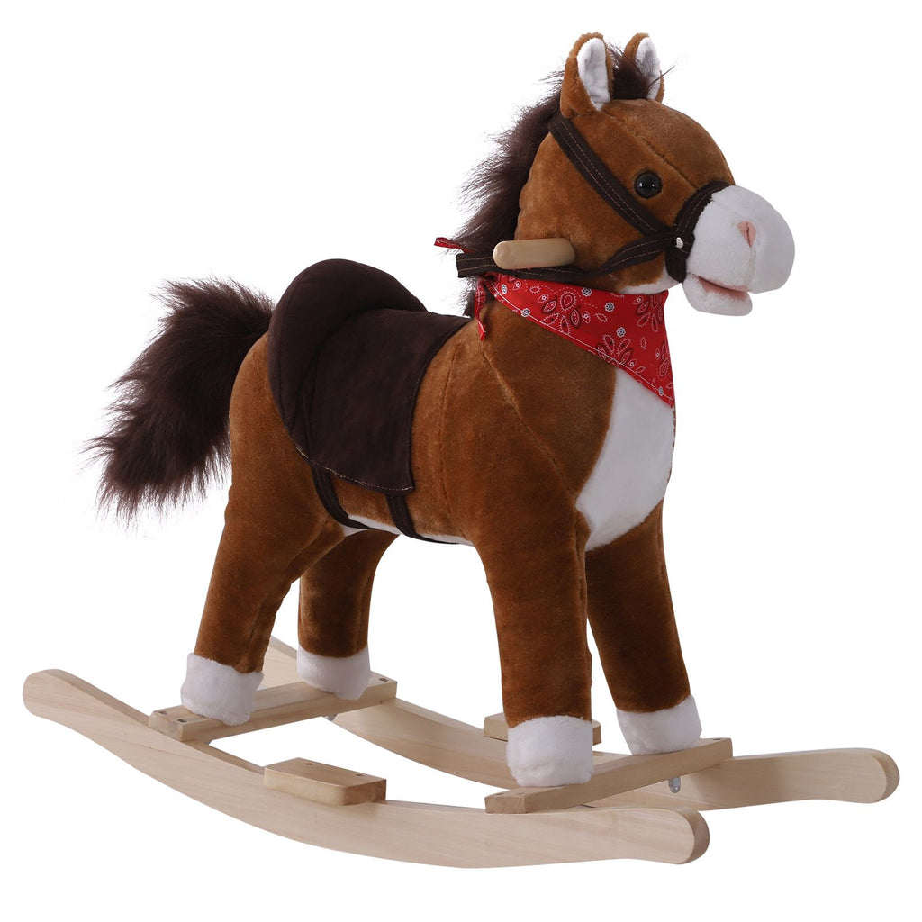 Kids Plush Rocking Horse, Realistic Sounds, Red Scarf, Perfect Gift, Memorable Fun, Brown, for 3 Years