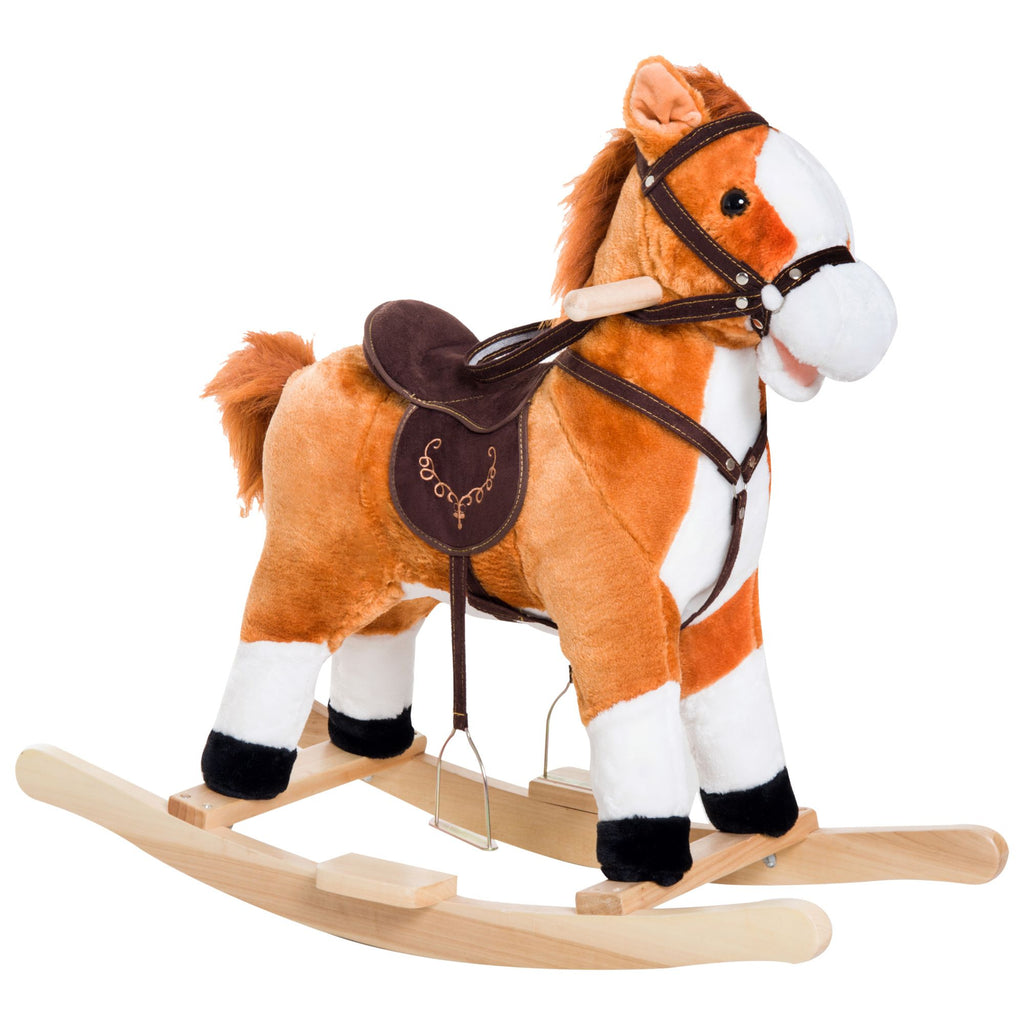Kids Plush Toy Rocking Horse, Wooden Ride-on Chair, Plush Animal Rocker with Realistic Sounds and Moving Tail for Toddlers, Brown