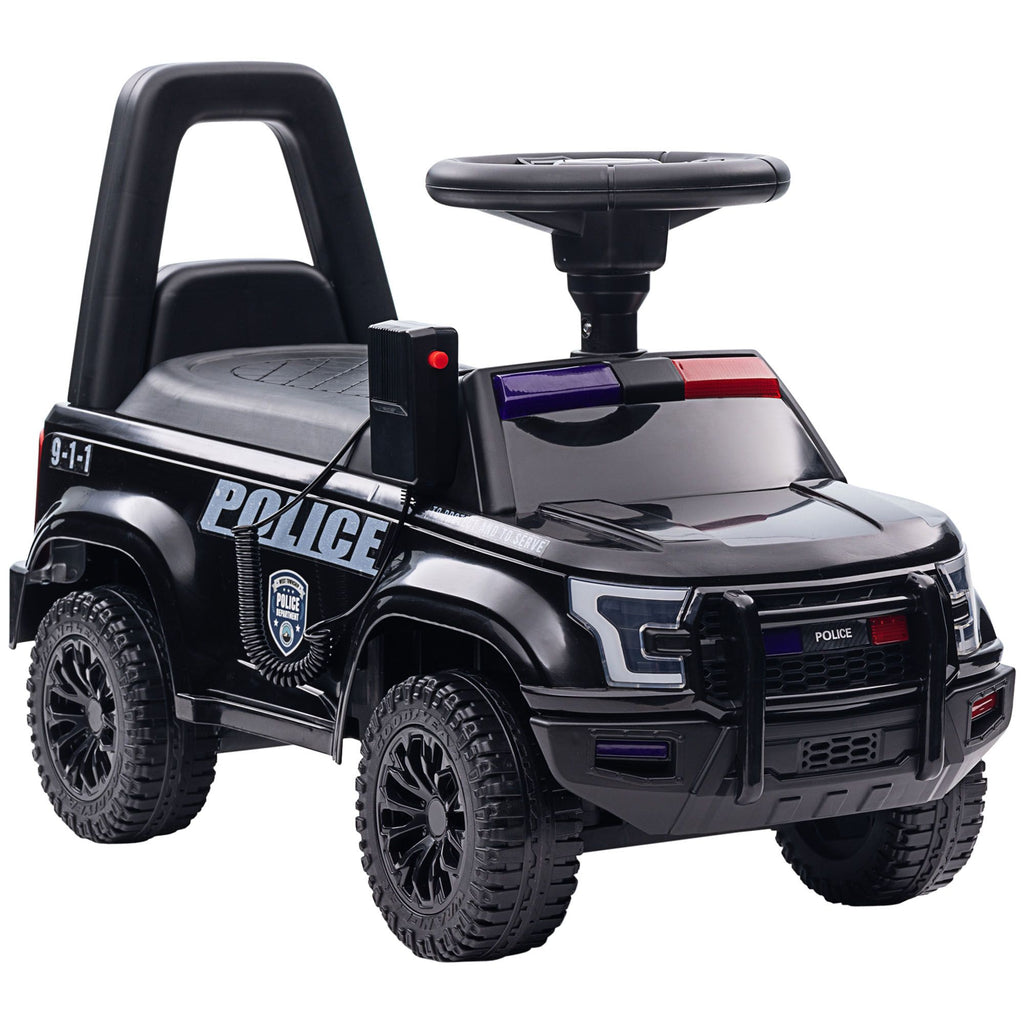 Kids Police Car Ride-On with Megaphone, Sliding Toy Car, Hidden Storage, Removable Backrest, Black for Ages 1.5-5