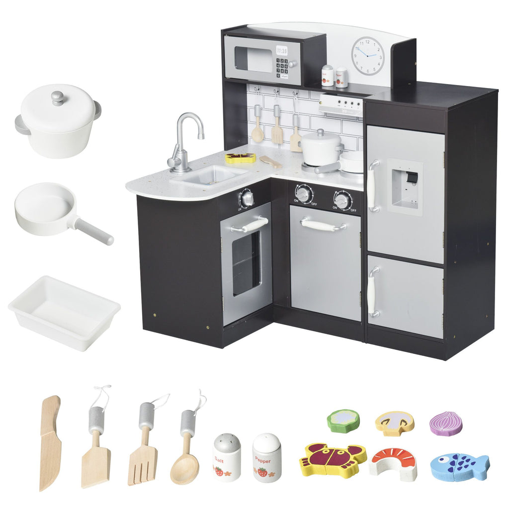 Kids Pretend Play Kitchen Set | Wooden Cooking Toy with Drinking Fountain, Microwave, Fridge | Black | Accessories Included