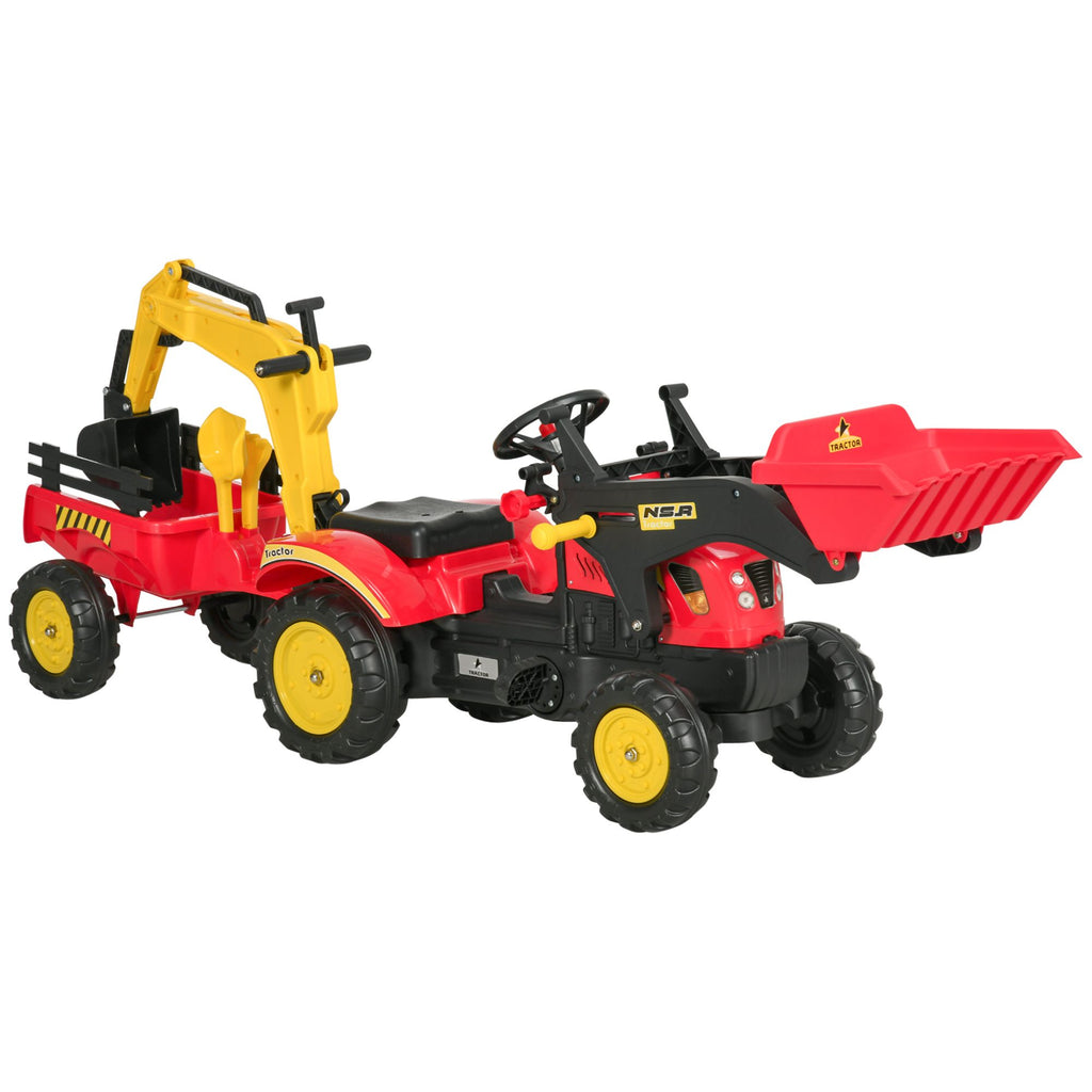 Kids Ride On Excavator Toy Pedal Powered Digger with 6 Wheels Detachable Trailer Controllable Bucket for Ages 3-6