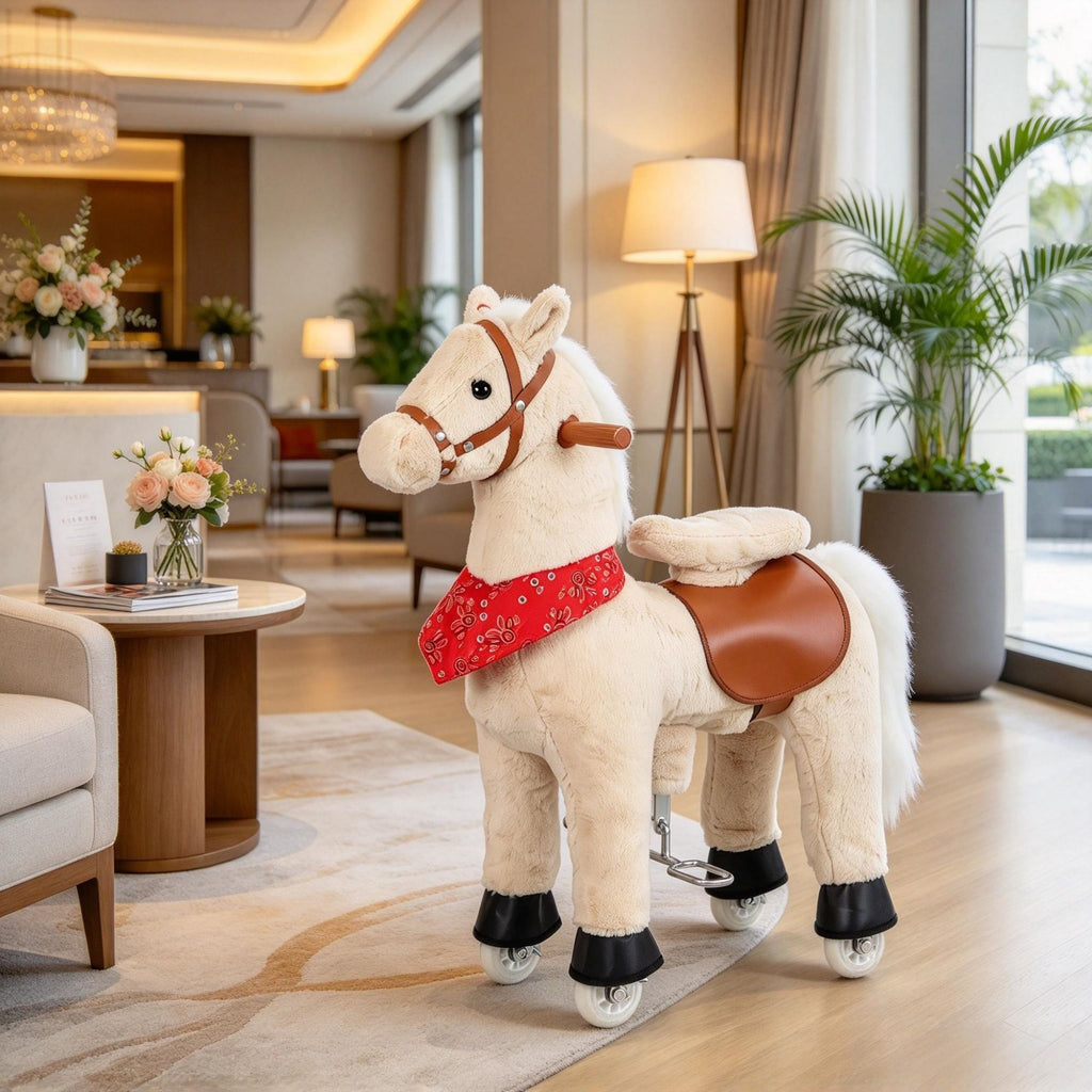 Kids Ride-On Plush Horse for Ages 2+, 29.5" Riding Pony with Rotatable Head & Neighing Sounds