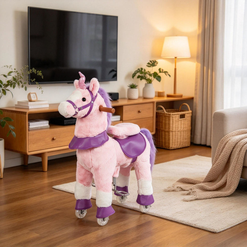 Kids Ride-On Plush Horse for Ages 2+, 29.5" Riding Pony with Rotatable Head & Sounds, Pink