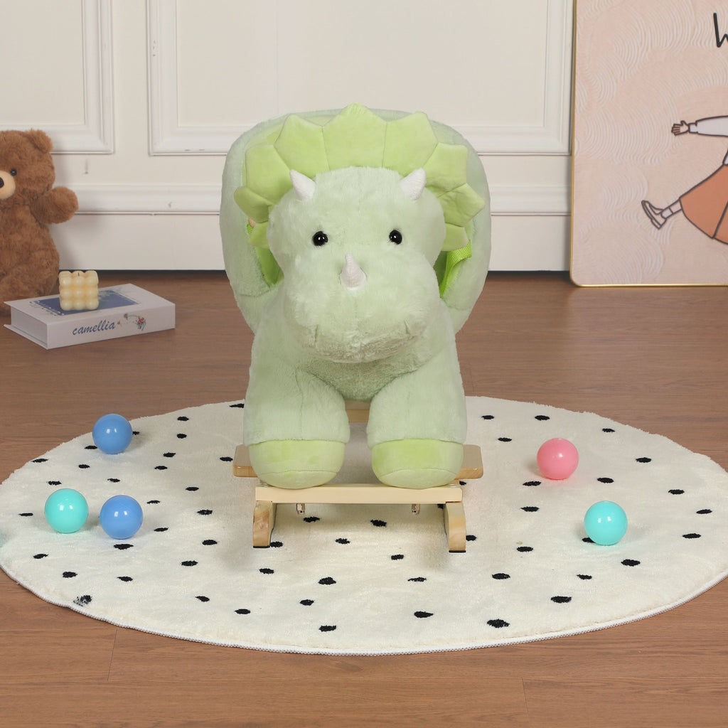 Kids Ride-On Rocking Horse Toy with Lullaby Song,Dinosaur Rocking Toy with Hand Puppets and Safety Belt For Children 1-3 Years, Soft Plush Fabric ,Green
