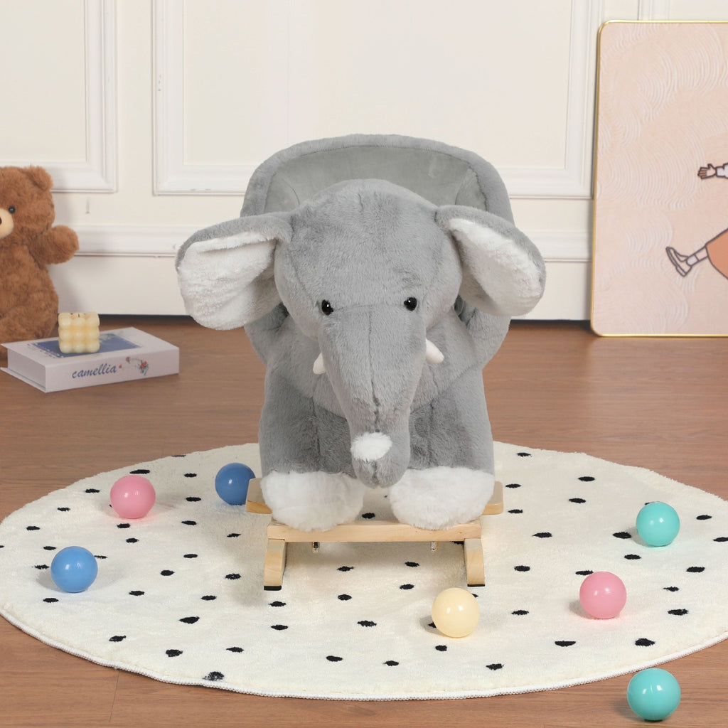 Kids Ride-On Rocking Horse Toy with Lullaby Song,Elephant Rocking Toy with Hand Puppets and Safety Belt For Children 1-3 Years,Soft Plush Fabric,Grey