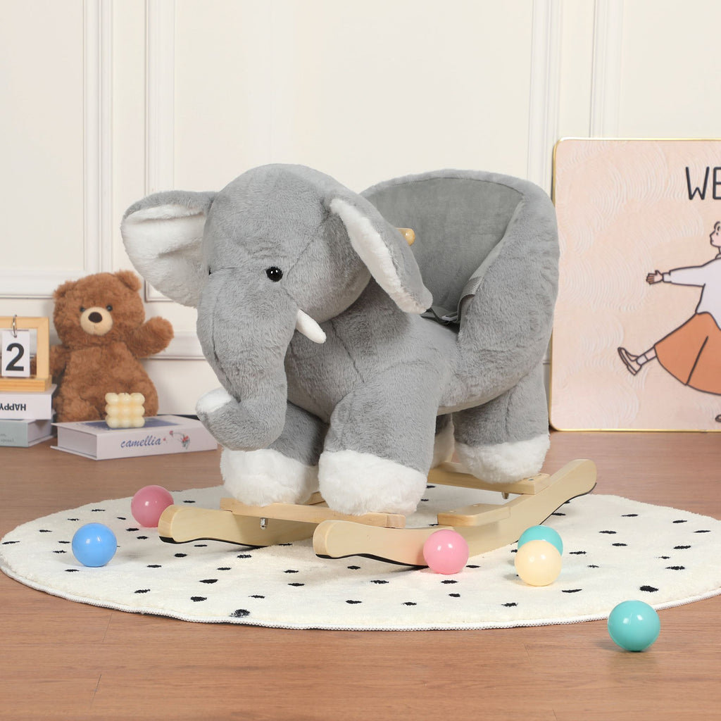Kids Ride-On Rocking Horse Toy with Lullaby Song,Elephant Rocking Toy with Hand Puppets and Safety Belt For Children 1-3 Years,Soft Plush Fabric,Grey,CPC Certified