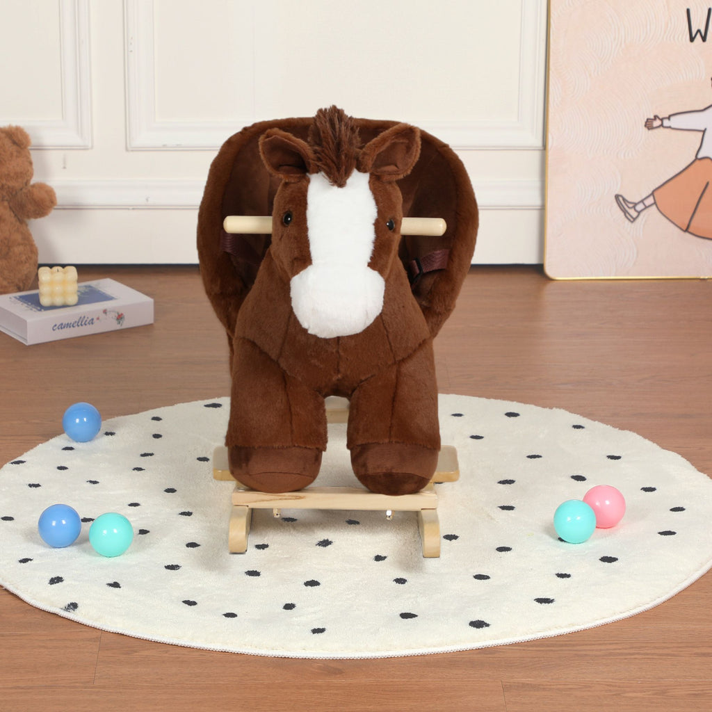 Kids Ride-On Rocking Horse Toy with Lullaby Song,Horse Rocking Toy with Hand Puppets and Safety Belt For Children 1-3 Years,Soft Plush Fabric,Brown