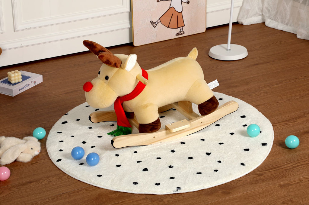 Kids Ride-On Rocking Horse Toy with Lullaby Song,Moose Rocking Toy with Hand Puppets and Safety Belt For Children 1-3 Years,Soft Plush Fabric,Apricot,CPC Certified