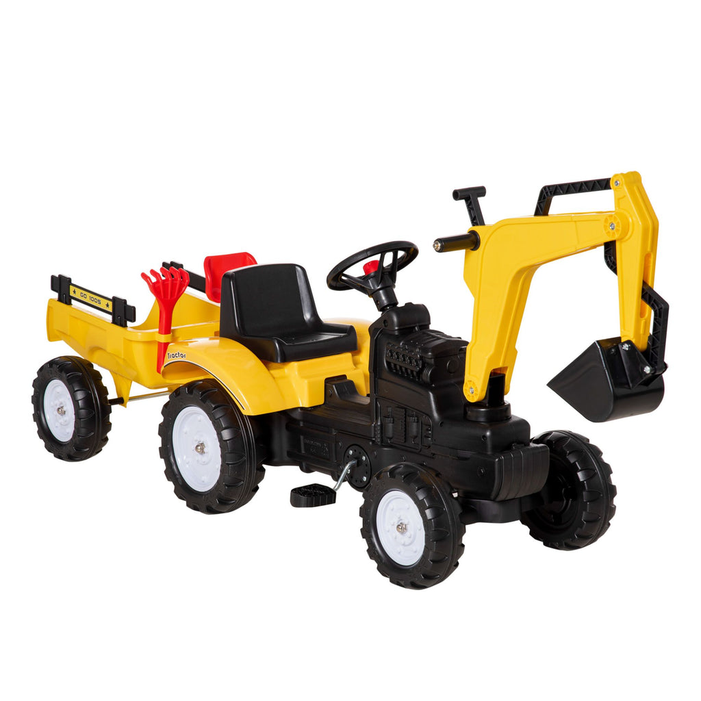 Kid's Ride-On Toy, Pedal Digger Construction Car with Horn & Detachable Trailer, Yellow