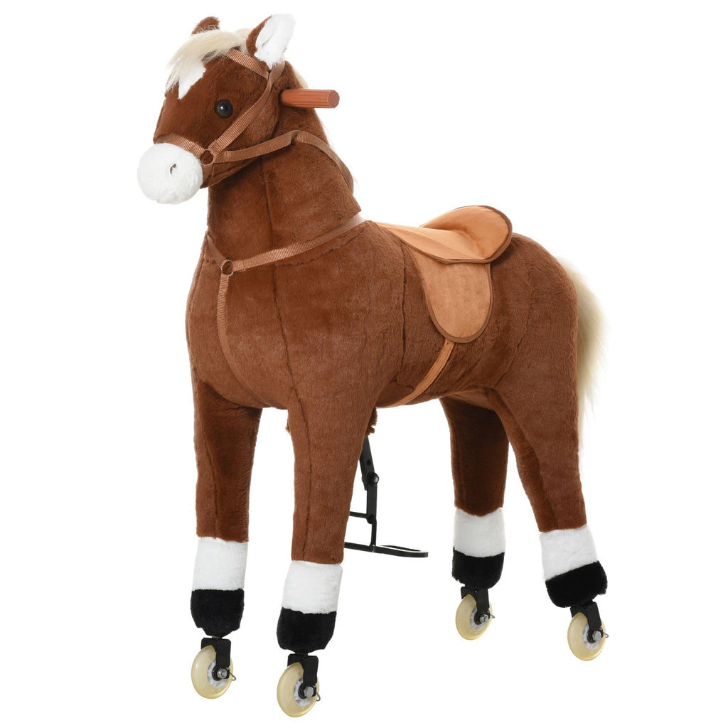 Kids Ride-on Walking Horse with Easy Rolling Wheels, Soft Huggable Body, Large Size for Kids 5-16 Years, Brown