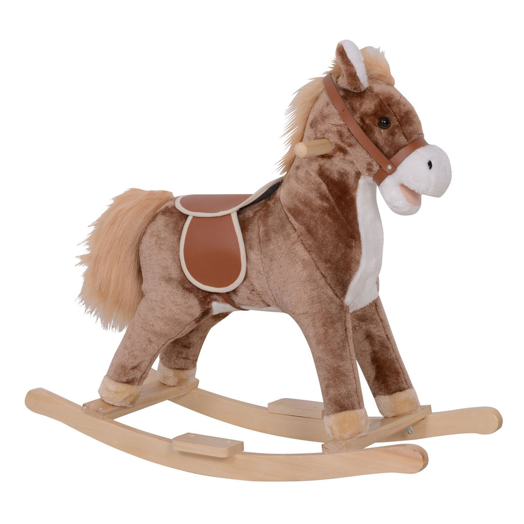 Kids Rocking Horse with Soft Plush Body, Wooden Base, Handle Grip, for 3+ Years