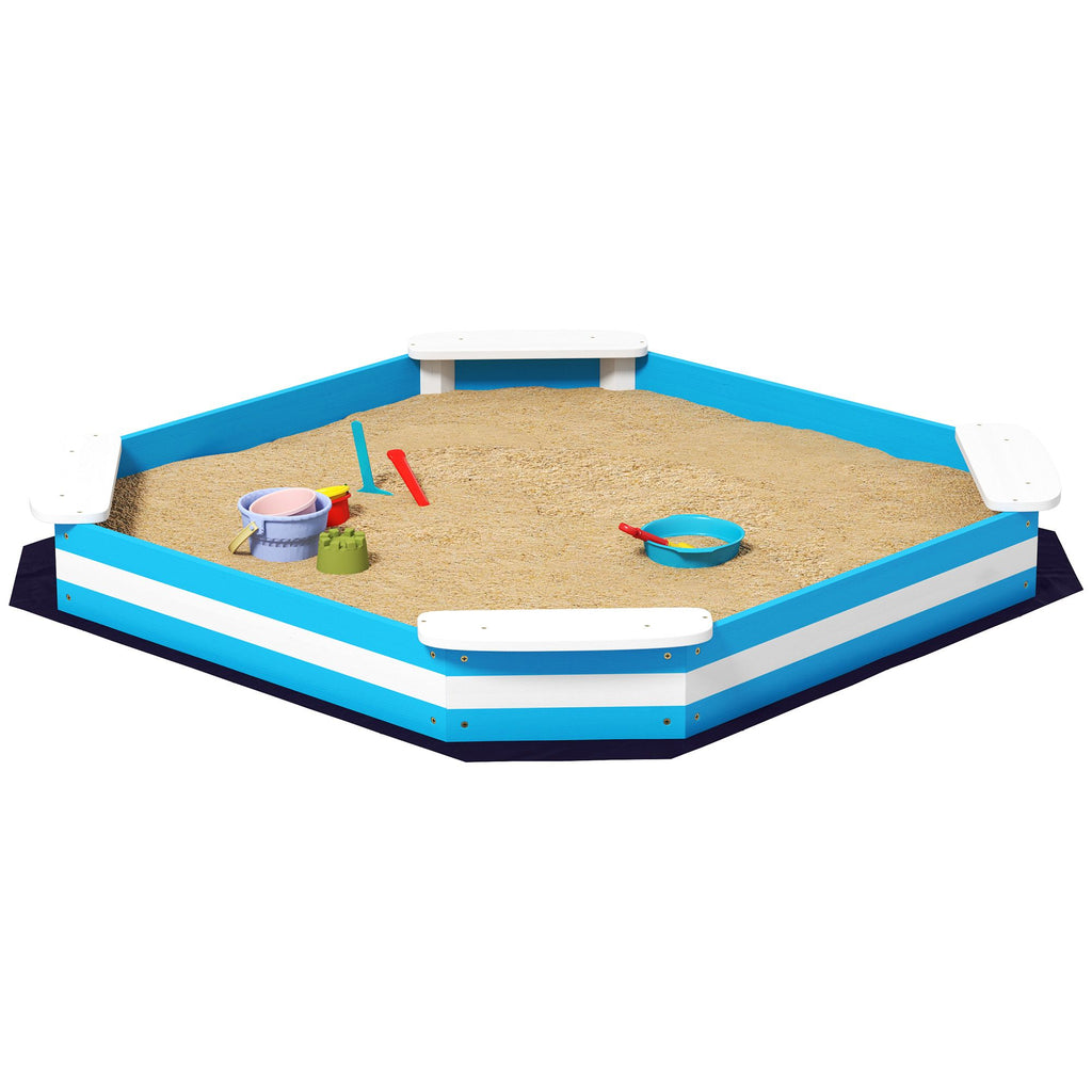 Kids Sandbox with 4 Corner Seats, Bottom Liner for Backyard, Garden, Outdoor, 52" x 52" x 6", Blue