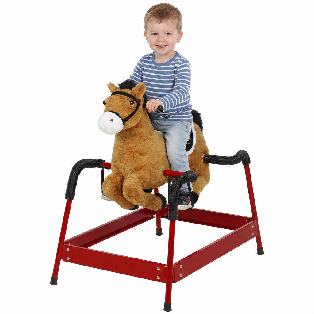 Kids Spring Rocking Horse, Ride on Horse with Neighing Sounds, Plush Animal Ride on Toy for Ages 3+ Years, Brown
