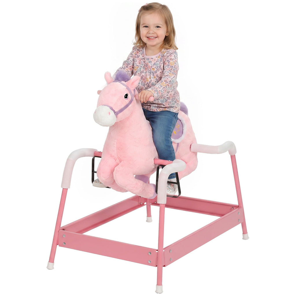 Kids Spring Rocking Horse, Ride on Horse with Neighing Sounds, Plush Animal Ride on Toy for Ages 3+ Years, Pink