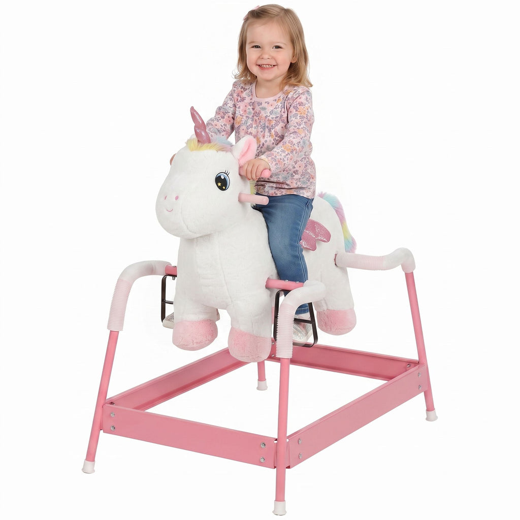 Kids Spring Rocking Horse, Unicorn Ride on Horse with Neighing Sounds, Plush Animal Ride on Toy for Ages 3+, White
