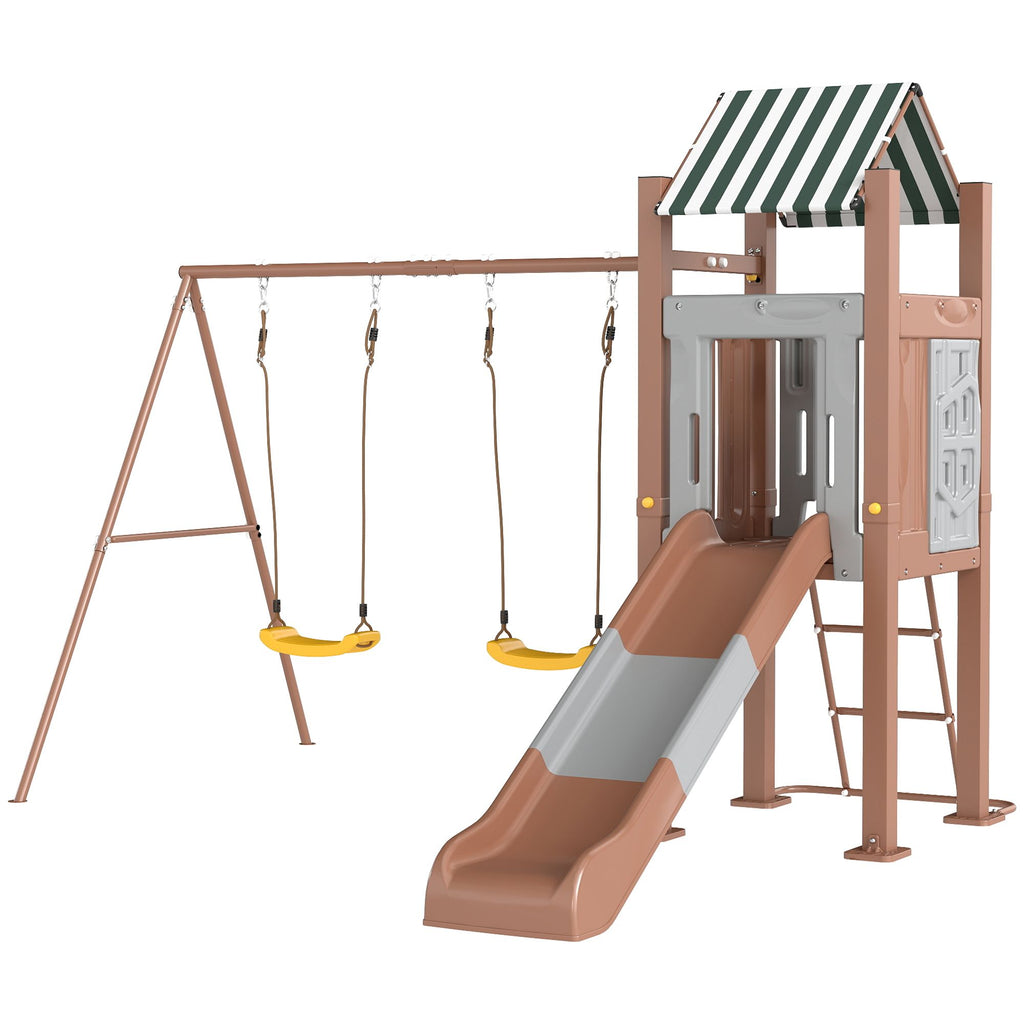Kids Swing Set with 6 FT Slide, 2 Adjustable Swings, Fort with Canopy, Ladder, Ground Stakes for Ages 3-8, Brown