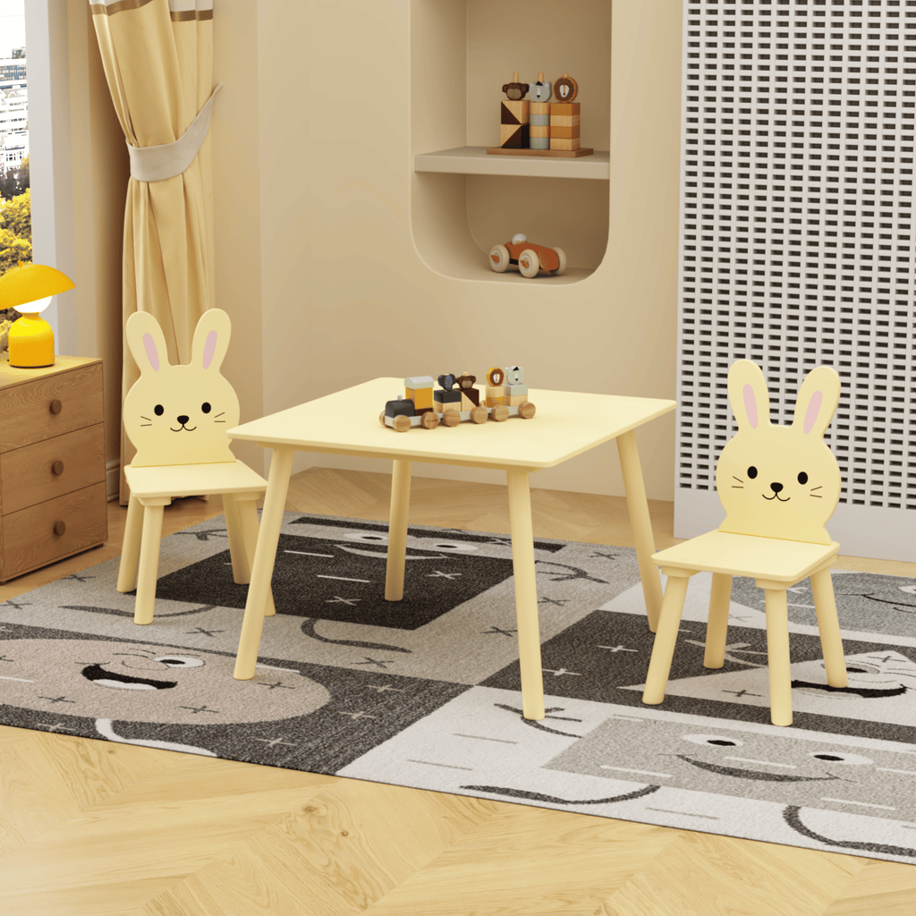 Kids Table and Chair Set with 2 Bunny Chairs, Children's Wooden Activity Table for Toddlers, Cute Animal Design Study Play Set for Playroom, Bedroom, Classroom - Cream Yellow