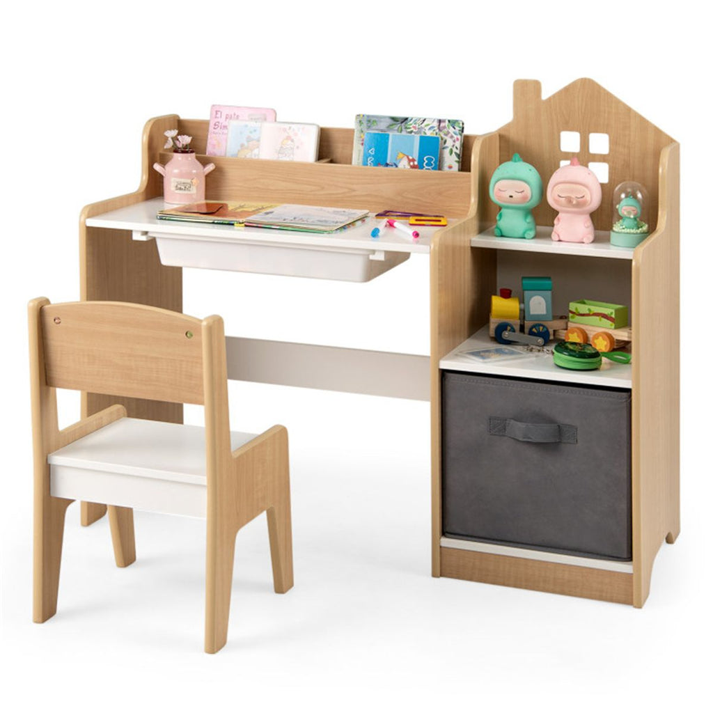 Kids Table and Chair Set with Storage Drawers House-Shaped Study Desk for Playroom Bedroom- Natural