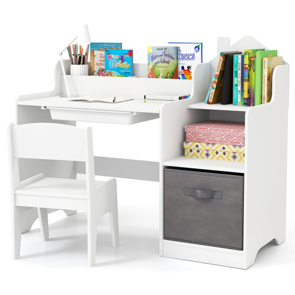 Kids Table and Chair Set with Storage Drawers House-Shaped Study Desk for Playroom Bedroom- White