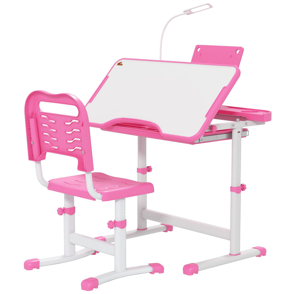 Kids Table and Chair Set with USB Light, Storage Drawer, Pink