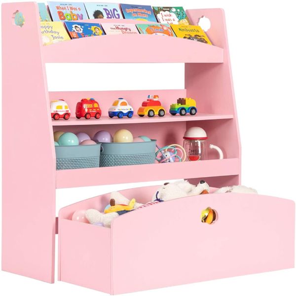 Kids Toy Storage and Bookshelf, 4 Shelves and One Large Rolling Bin w/Wheels, Children's Toy and Book Organizer Cabinet Unit for Playroom, Reading Nook, Toddler's Room, Nursery, Pink