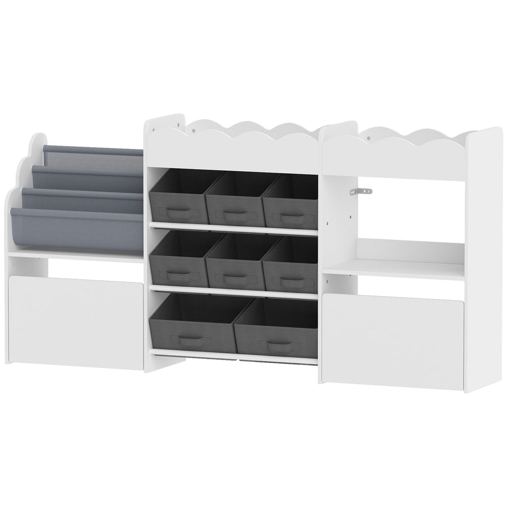 Kids Toy Storage Organizer, Kids Bookshelf with 8 Fabric Bins, 2 Rolling Drawers, Open Shelves for Kids Room, White