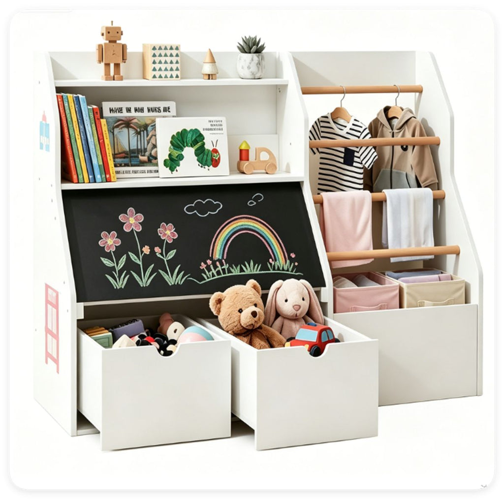 Kids Toy Storage Organizer with Flip Chalkboard, Rolling Drawers & Hanging Rods, Rounded Edge Toddler Bookshelf Engineered Wood Playroom Cabinet for Children 3+ Years Old