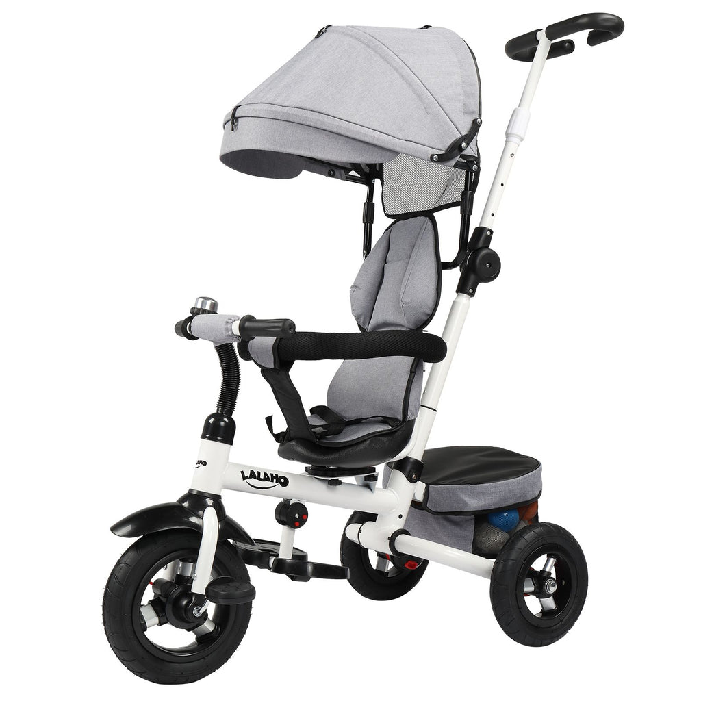 Kids Tricycle, Kids Folding Steer Stroller with Rotatable Seat, Adjustable Push Handle & Canopy, Safety Harness, Storage Bag