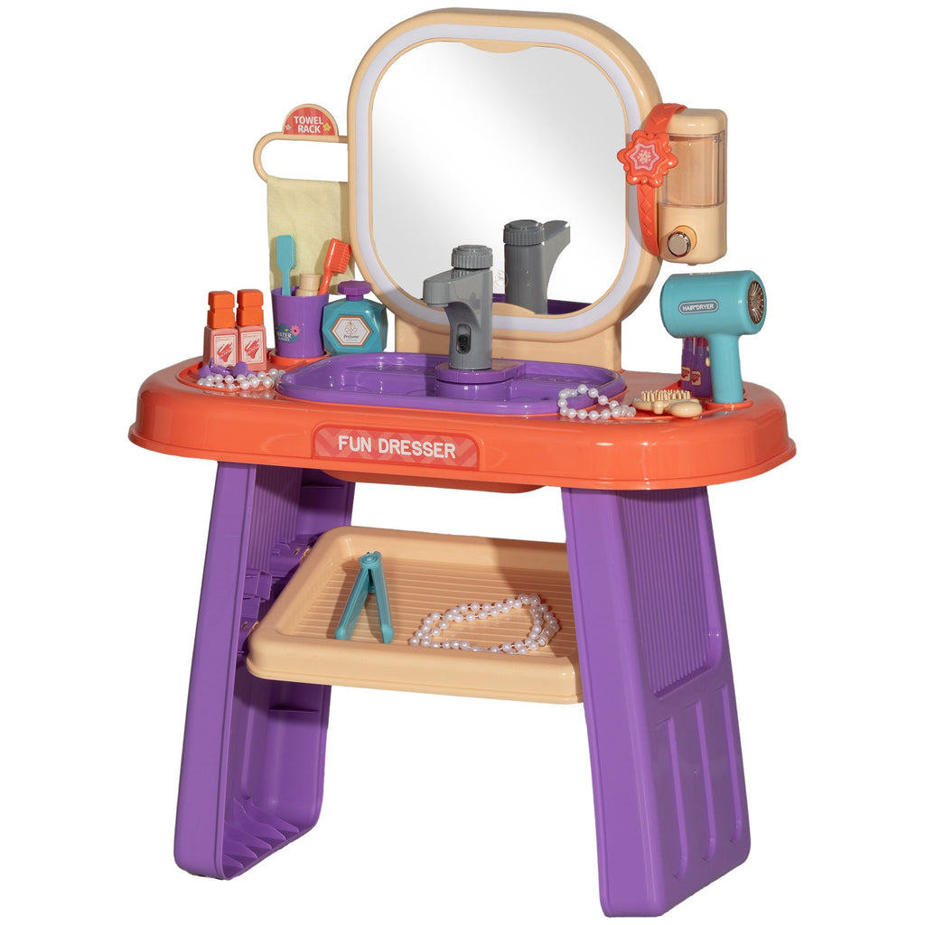 Kids Vanity Set with Mirror, LED Light, Music, 23 Accessories, Pretend Play Set for Girls 3-6 Years, Purple